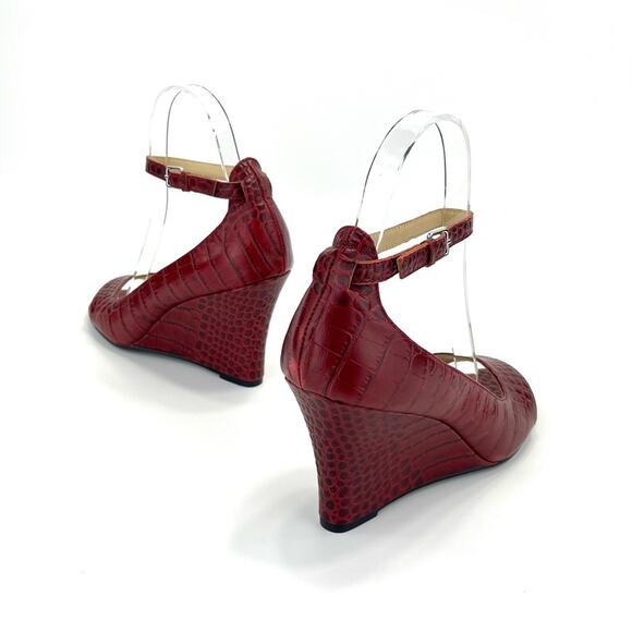 Anthropologie/Farylrobin D'Orsay Wedge Sandal Sz 7 Red Leather Embossed Open-Toe - Picture 13 of 16